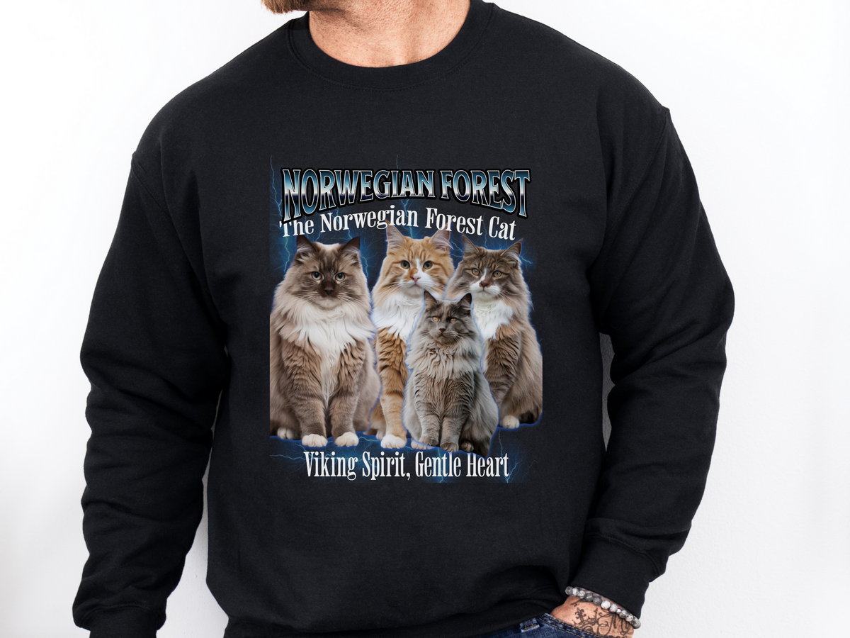 Unisex Norwegian Forest Cat Bootleg Collage Sweatshirt – “The Norwegian Forest Cat” Cozy Retro Feline Pullover
