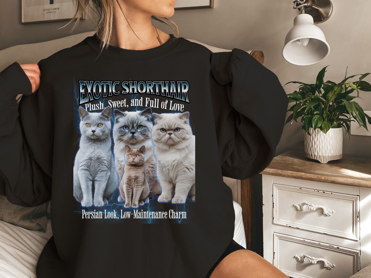 Unisex Exotic Shorthair Cat Bootleg Collage Sweatshirt – “Exotic Shorthair Cat” Retro Cozy Cat Lover Pullover