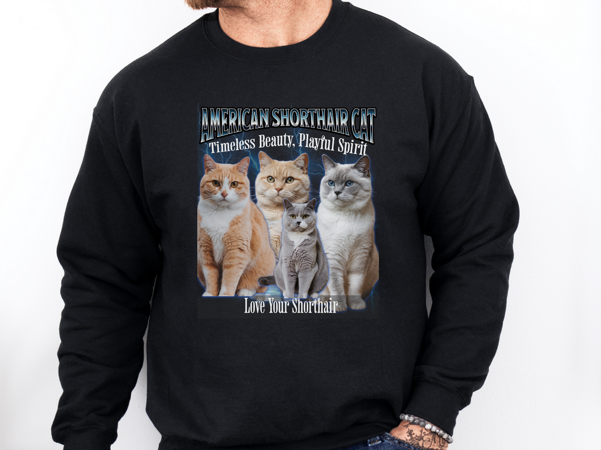 Unisex American Shorthair Cat Bootleg Collage Sweatshirt – “Fluff, Charm, and a Whole Lot of Cattitude” Vintage-Style Feline Pullover
