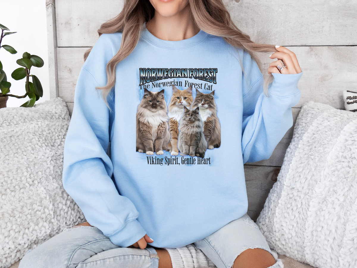 Unisex Norwegian Forest Cat Bootleg Collage Sweatshirt – “The Norwegian Forest Cat” Cozy Retro Feline Pullover