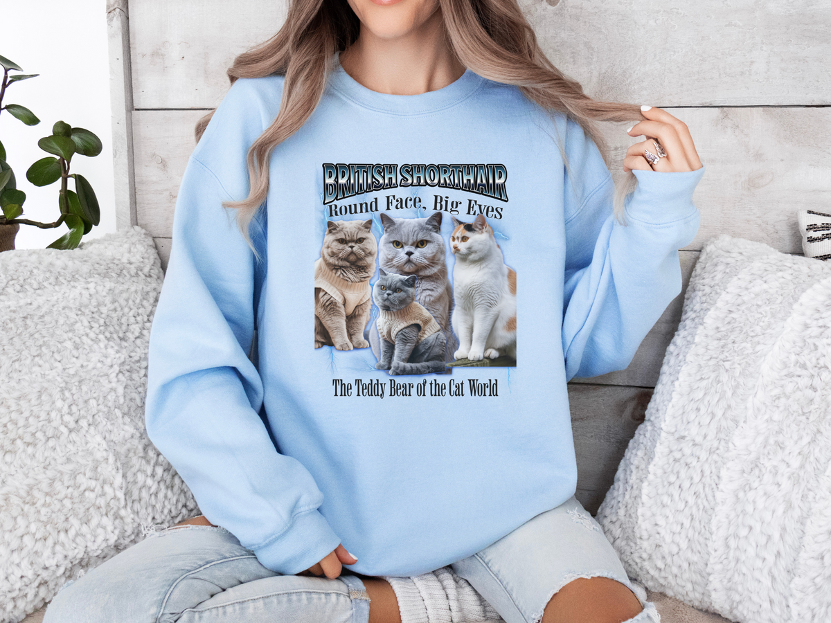 Unisex British Shorthair Cat Bootleg Collage Sweatshirt – “Round Face, Big Eyes” Retro Cat Lover Pullover