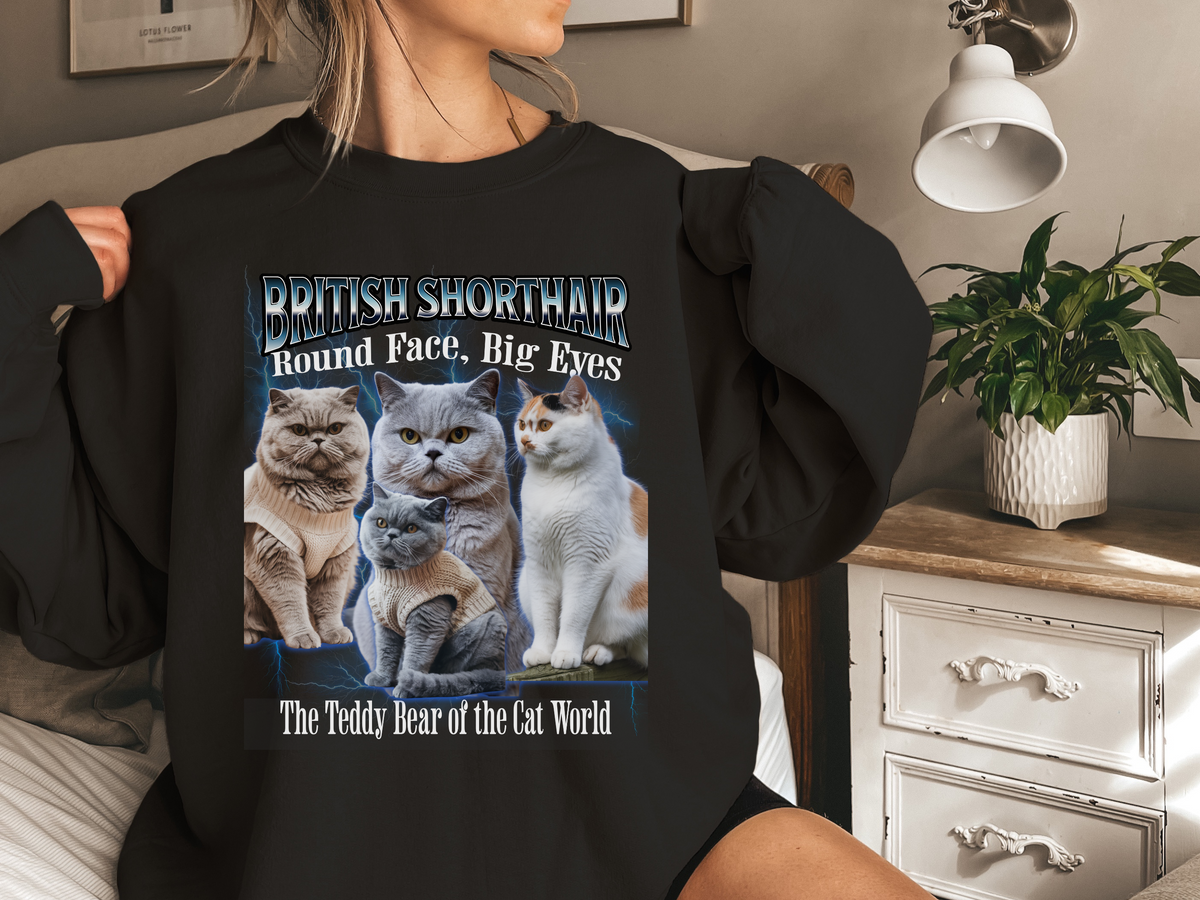 Unisex British Shorthair Cat Bootleg Collage Sweatshirt – “Round Face, Big Eyes” Retro Cat Lover Pullover