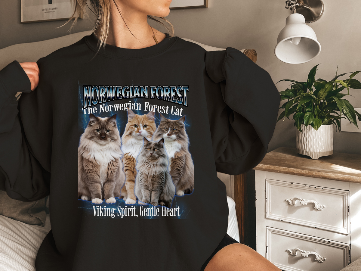 Unisex Norwegian Forest Cat Bootleg Collage Sweatshirt – “The Norwegian Forest Cat” Cozy Retro Feline Pullover