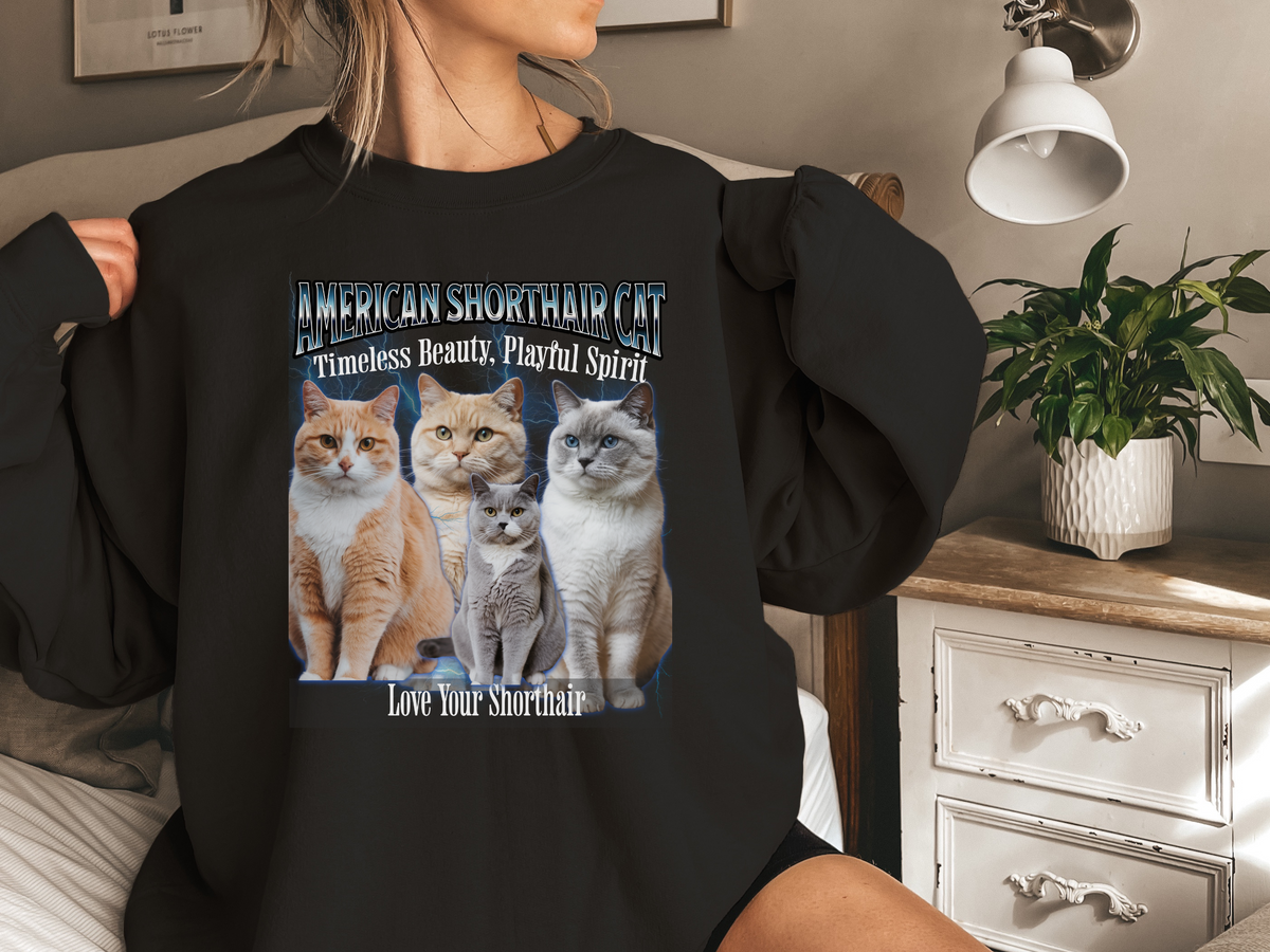 Unisex American Shorthair Cat Bootleg Collage Sweatshirt – “Fluff, Charm, and a Whole Lot of Cattitude” Vintage-Style Feline Pullover
