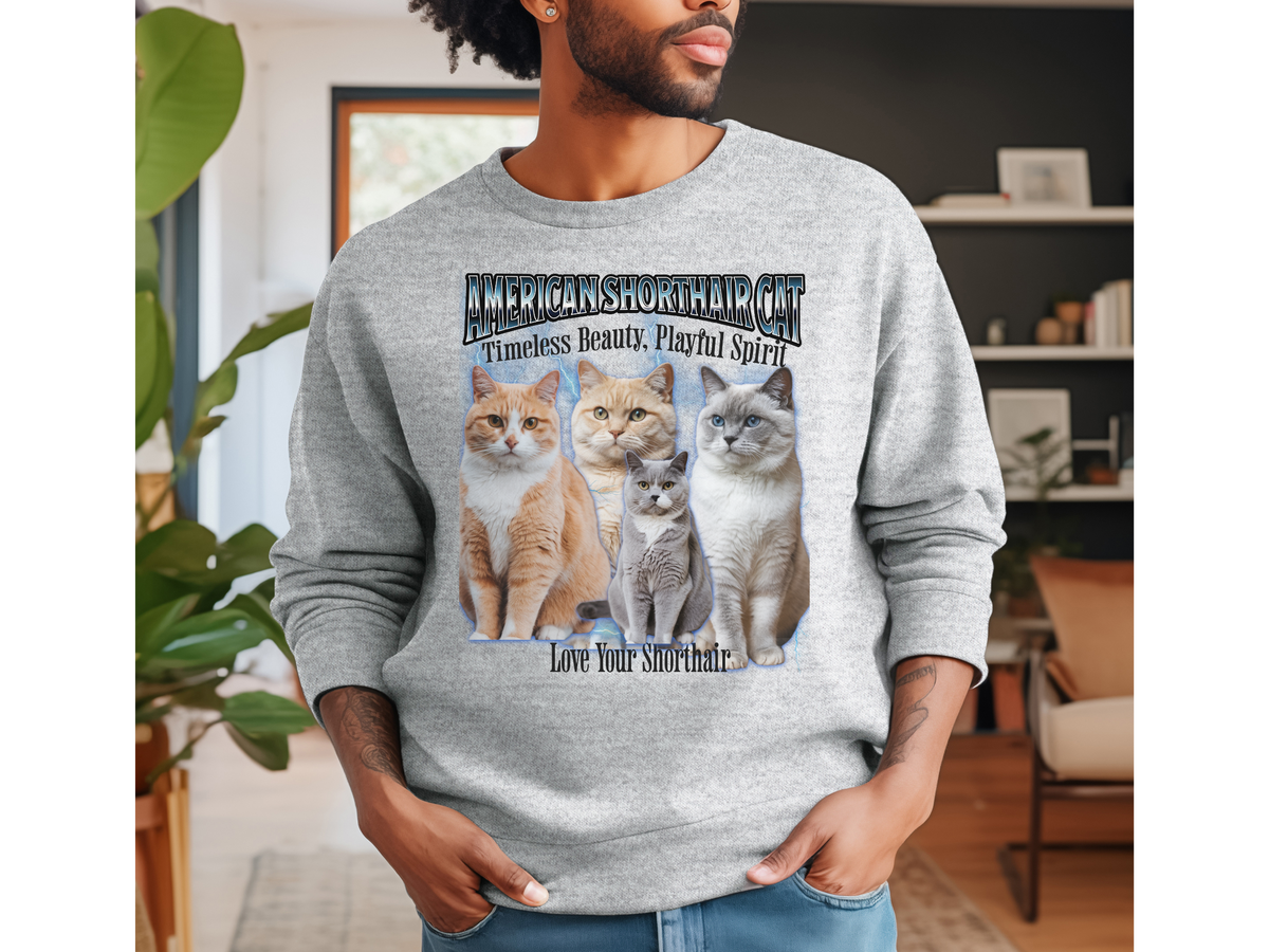 Unisex American Shorthair Cat Bootleg Collage Sweatshirt – “Fluff, Charm, and a Whole Lot of Cattitude” Vintage-Style Feline Pullover