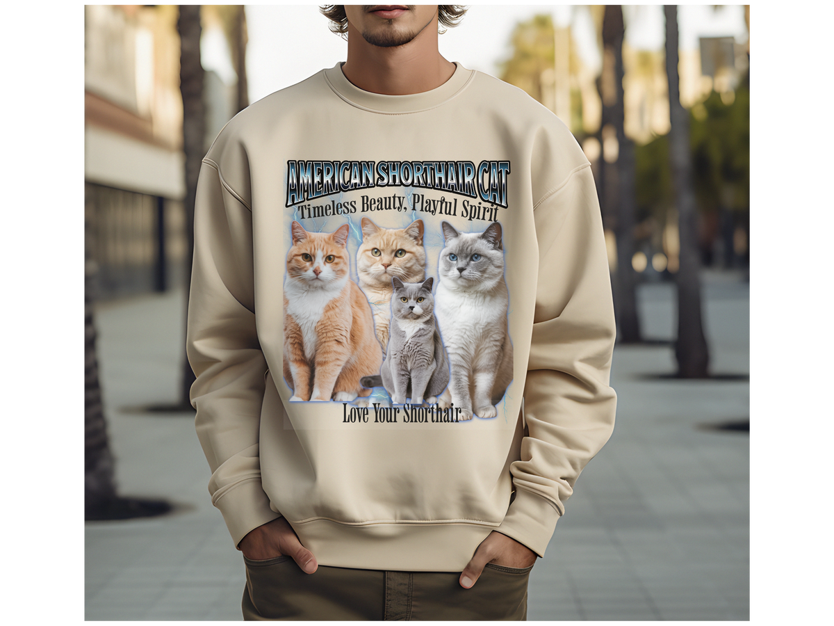 Unisex American Shorthair Cat Bootleg Collage Sweatshirt – “Fluff, Charm, and a Whole Lot of Cattitude” Vintage-Style Feline Pullover