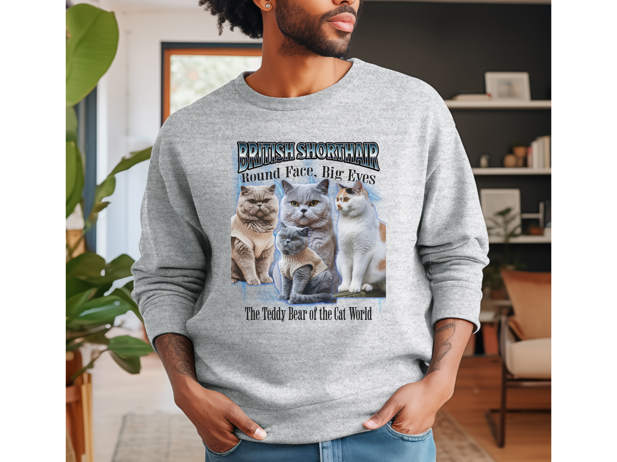 Unisex British Shorthair Cat Bootleg Collage Sweatshirt – “Round Face, Big Eyes” Retro Cat Lover Pullover