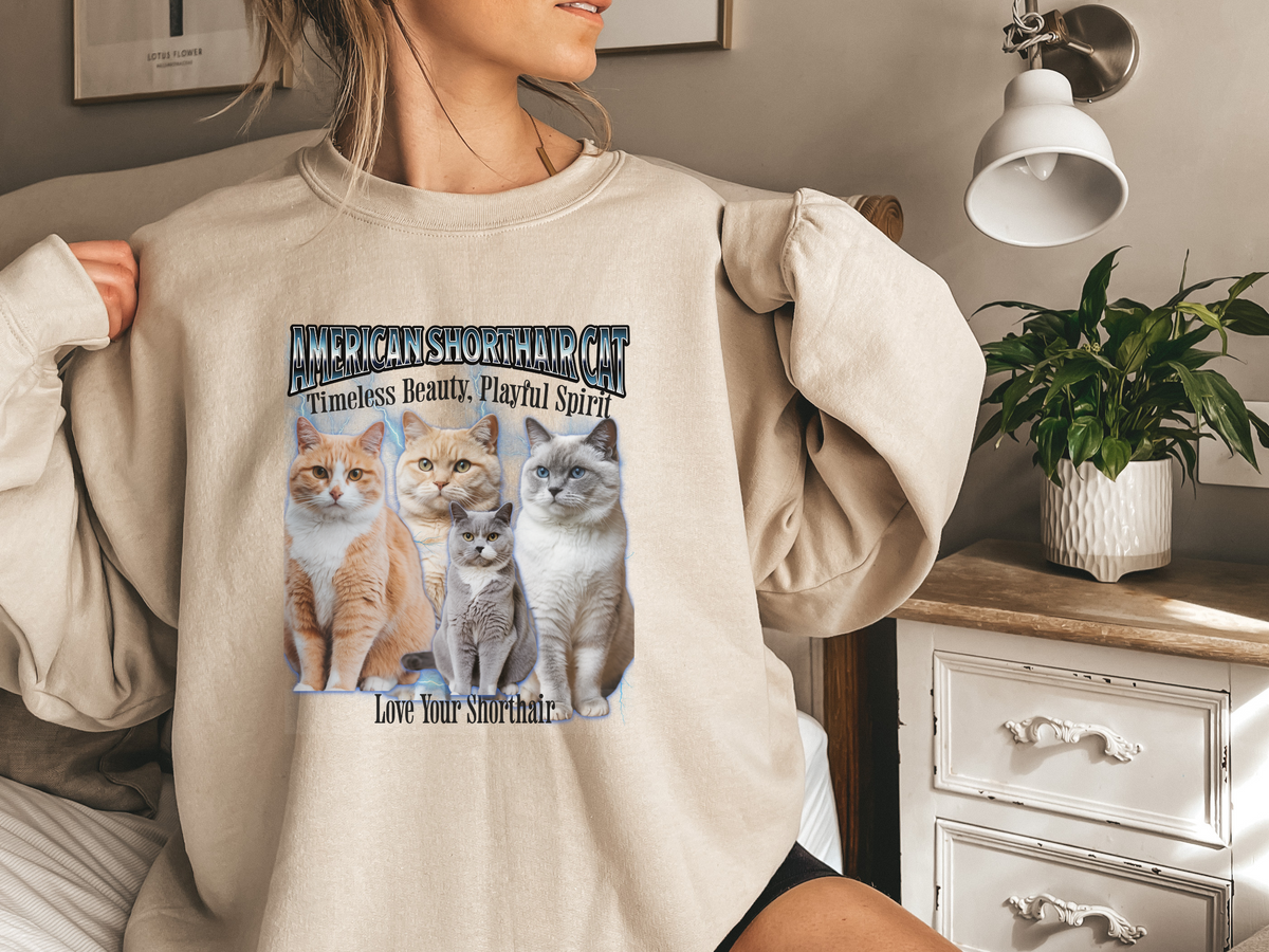 Unisex American Shorthair Cat Bootleg Collage Sweatshirt – “Fluff, Charm, and a Whole Lot of Cattitude” Vintage-Style Feline Pullover