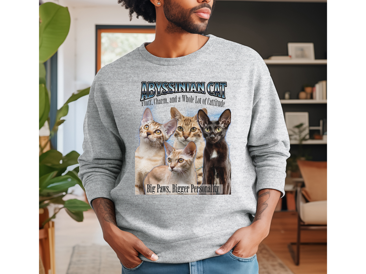 Unisex Abyssinian Cat Bootleg Collage Sweatshirt – “Fluff, Charm, and a Whole Lot of Cattitude” Retro Feline Streetwear
