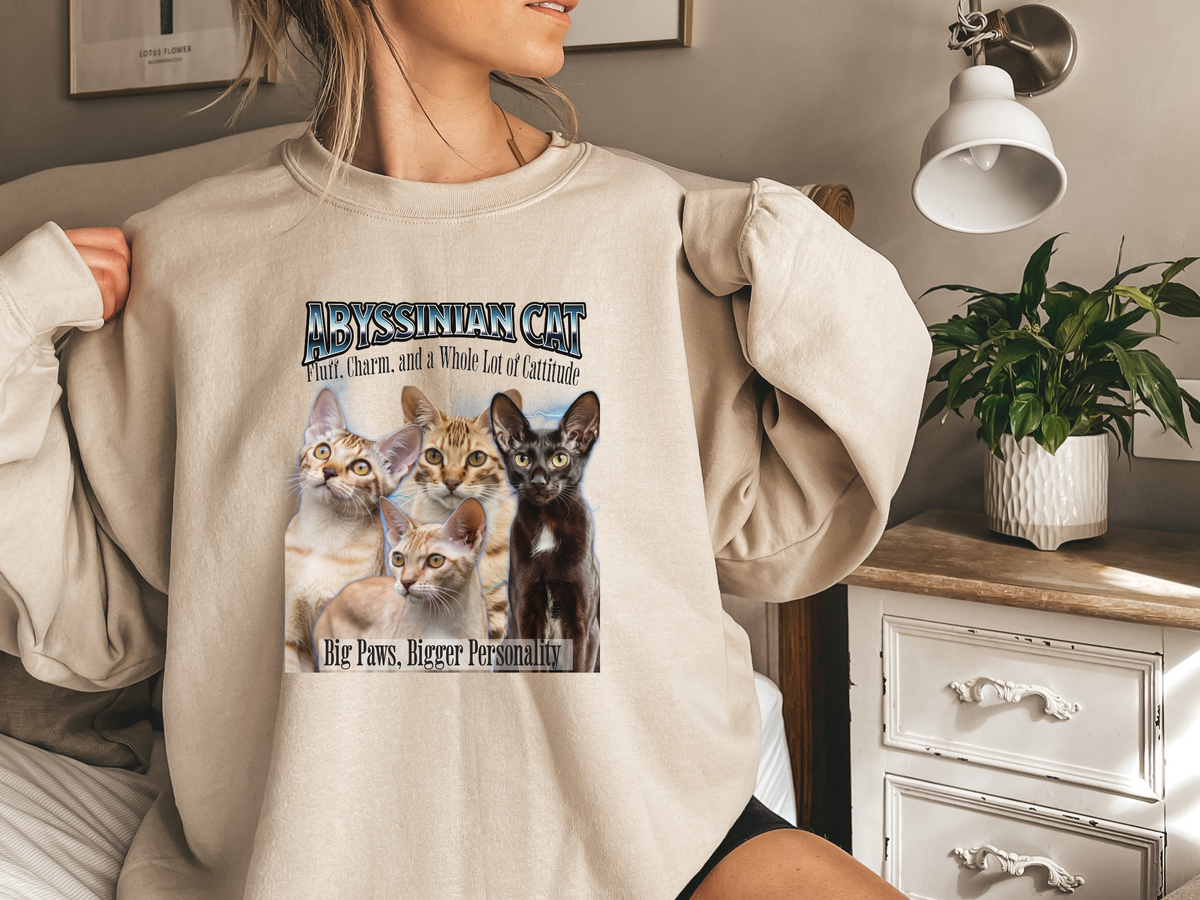 Unisex Abyssinian Cat Bootleg Collage Sweatshirt – “Fluff, Charm, and a Whole Lot of Cattitude” Retro Feline Streetwear