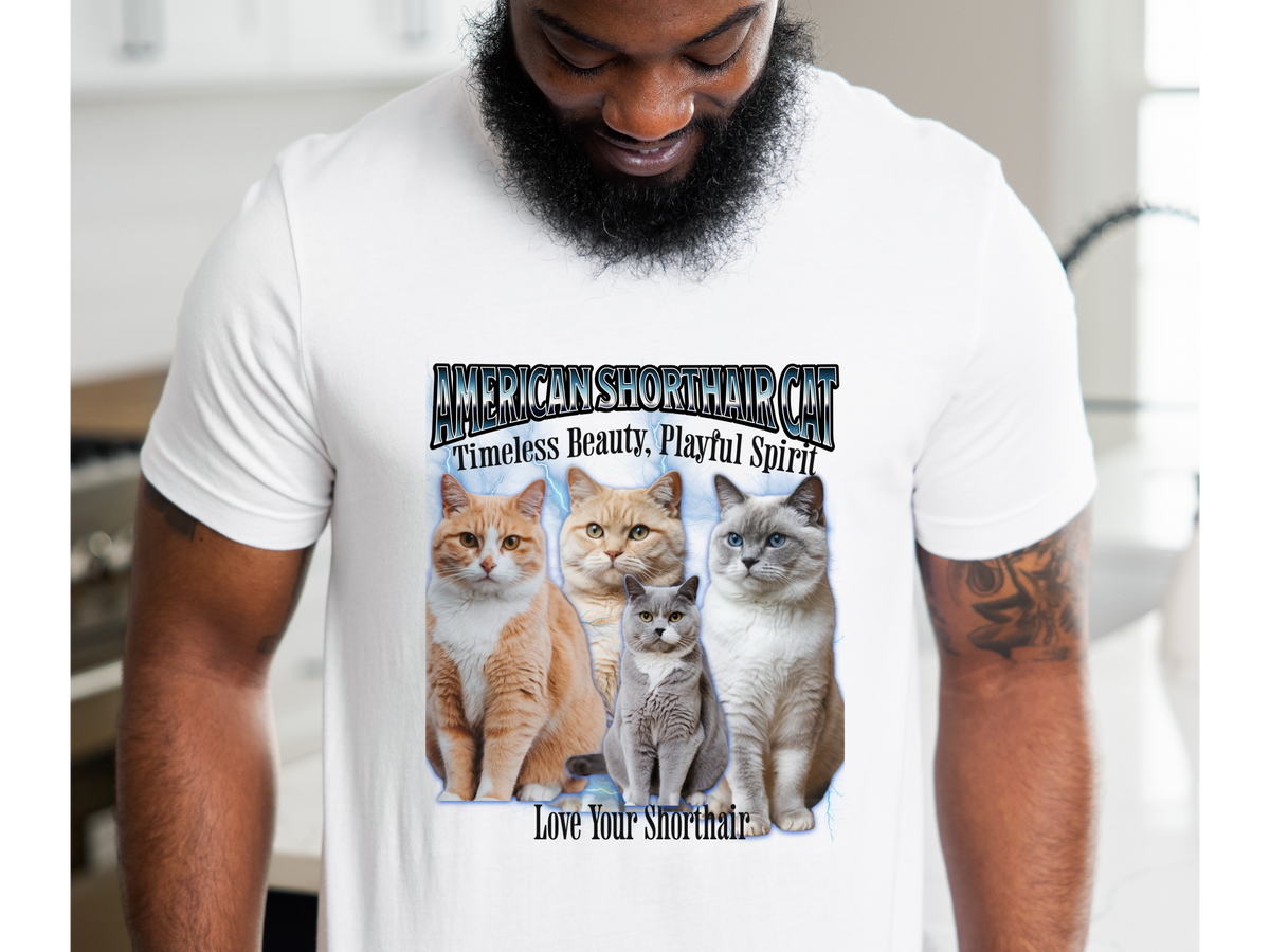 Unisex American Shorthair Cat Bootleg Collage T-Shirt – “Fluff, Charm, and a Whole Lot of Cattitude” Vintage Graphic Tee