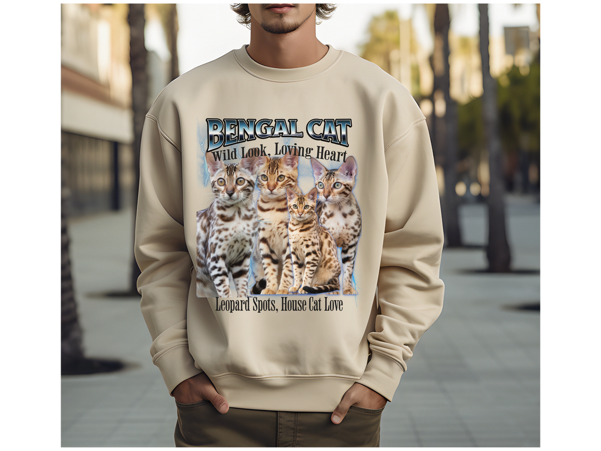 Unisex Bengal Cat Bootleg Collage Sweatshirt – “Wild Look, Loving Heart” Retro Jungle Cat Pullover