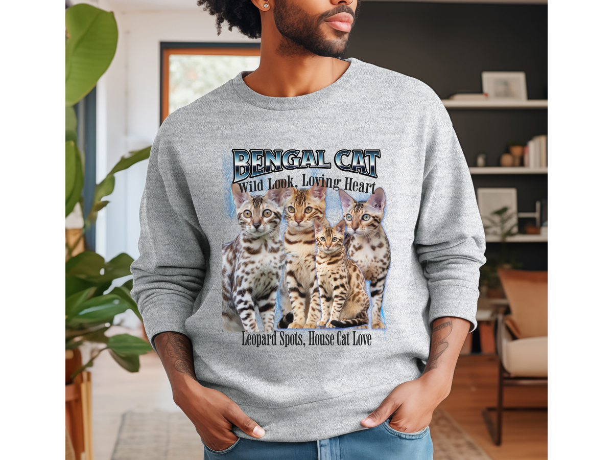 Unisex Bengal Cat Bootleg Collage Sweatshirt – “Wild Look, Loving Heart” Retro Jungle Cat Pullover