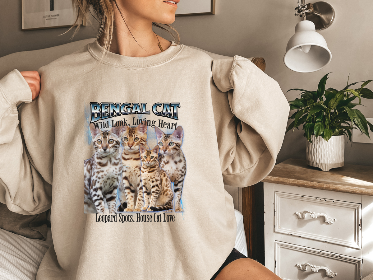 Unisex Bengal Cat Bootleg Collage Sweatshirt – “Wild Look, Loving Heart” Retro Jungle Cat Pullover
