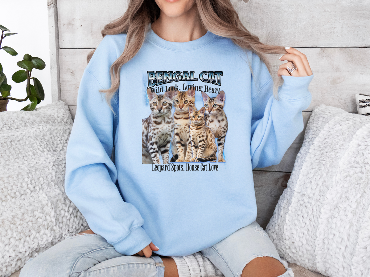 Unisex Bengal Cat Bootleg Collage Sweatshirt – “Wild Look, Loving Heart” Retro Jungle Cat Pullover