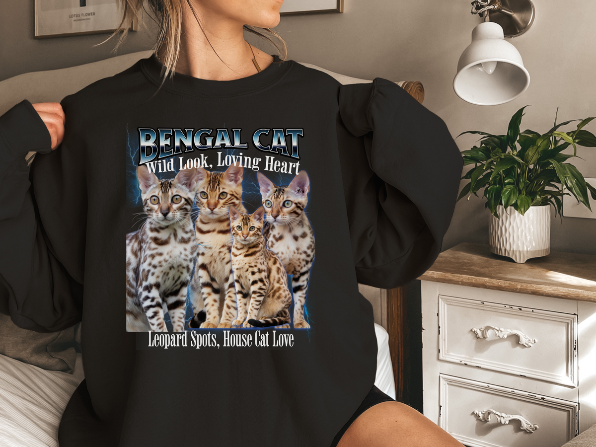 Unisex Bengal Cat Bootleg Collage Sweatshirt – “Wild Look, Loving Heart” Retro Jungle Cat Pullover