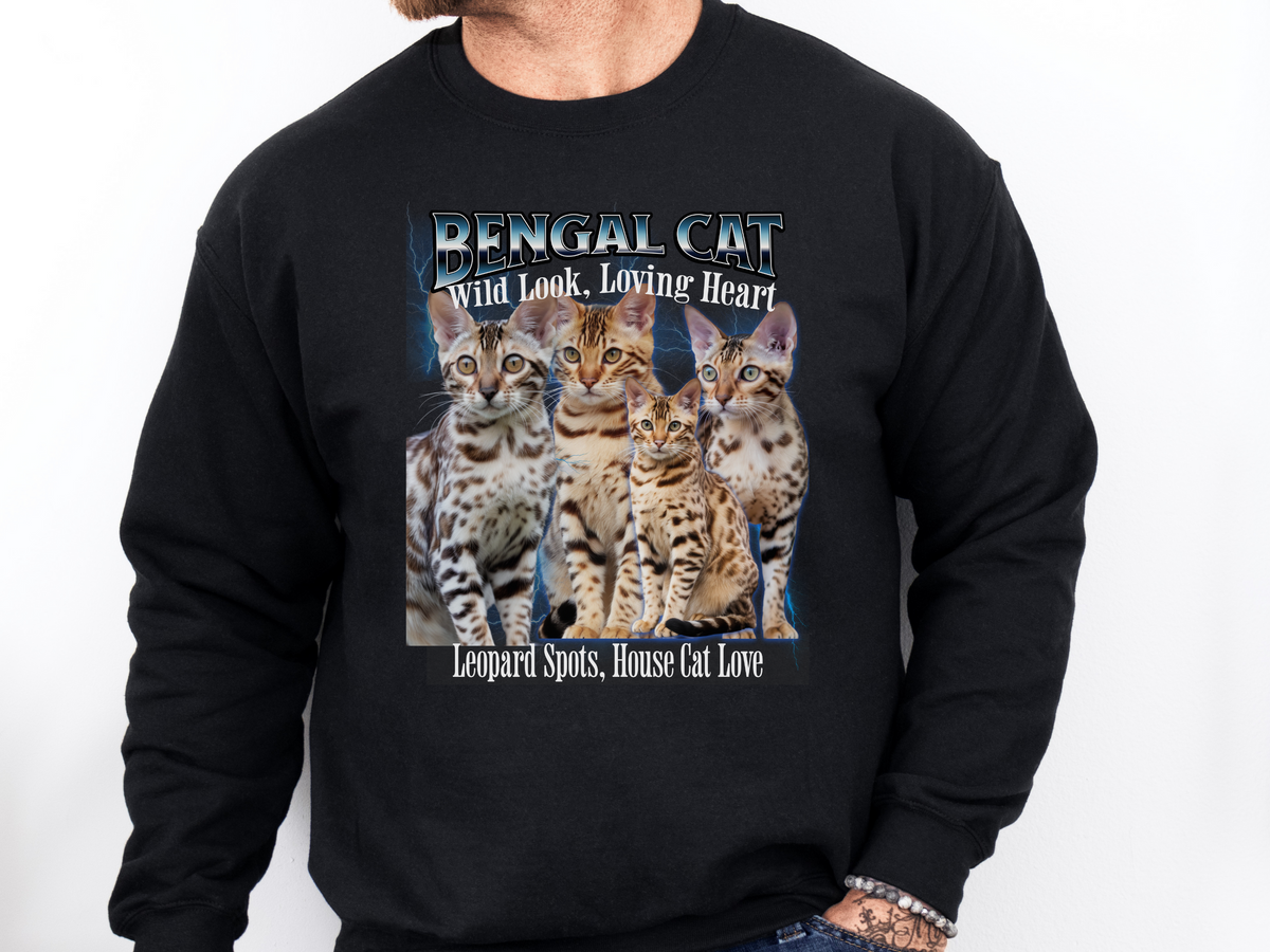 Unisex Bengal Cat Bootleg Collage Sweatshirt – “Wild Look, Loving Heart” Retro Jungle Cat Pullover