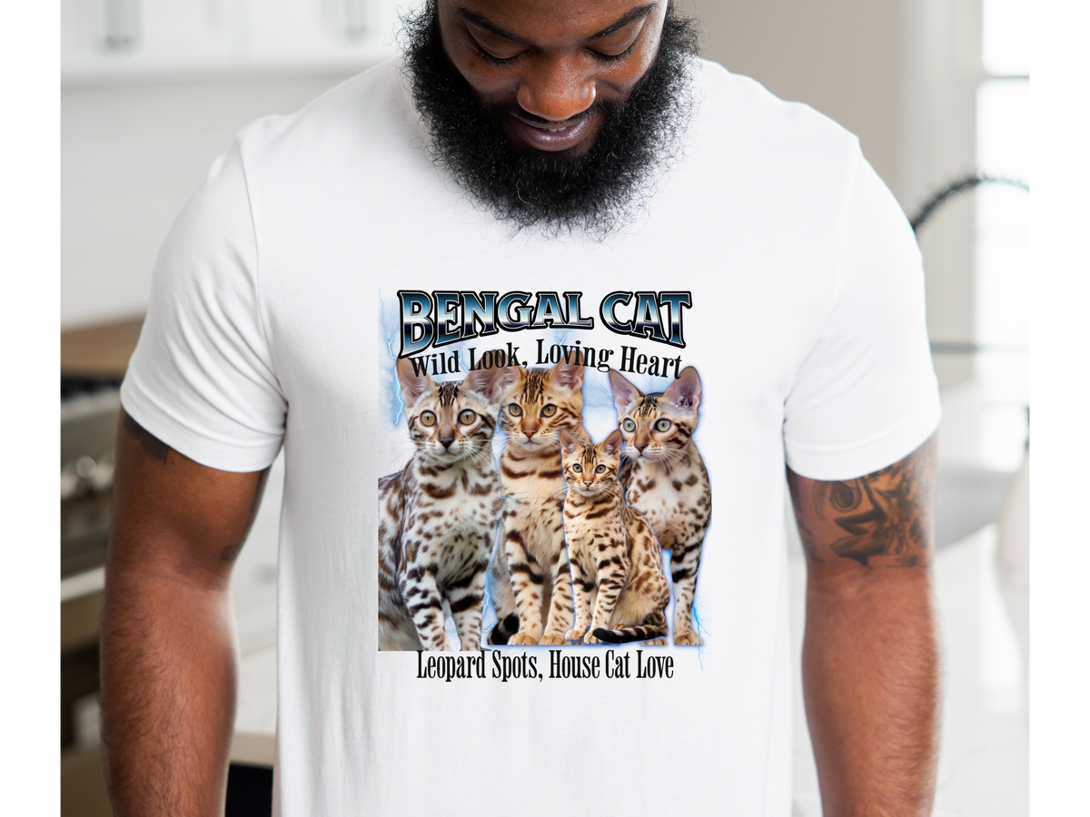 Unisex Bengal Cat Bootleg Collage T-Shirt – “Wild Look, Loving Heart” Retro Streetwear Graphic Tee