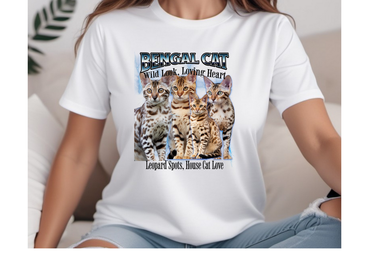 Unisex Bengal Cat Bootleg Collage T-Shirt – “Wild Look, Loving Heart” Retro Streetwear Graphic Tee
