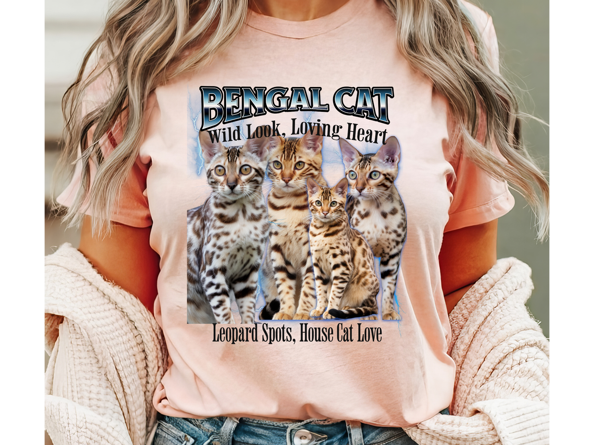 Unisex Bengal Cat Bootleg Collage T-Shirt – “Wild Look, Loving Heart” Retro Streetwear Graphic Tee