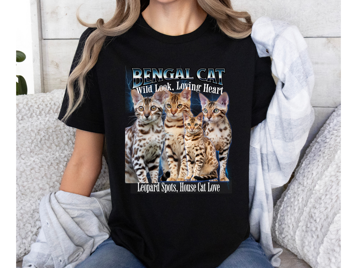 Unisex Bengal Cat Bootleg Collage T-Shirt – “Wild Look, Loving Heart” Retro Streetwear Graphic Tee