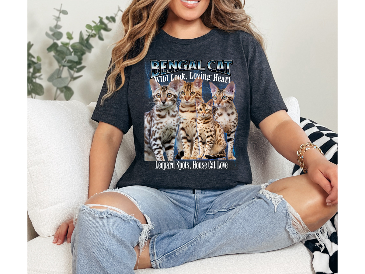 Unisex Bengal Cat Bootleg Collage T-Shirt – “Wild Look, Loving Heart” Retro Streetwear Graphic Tee