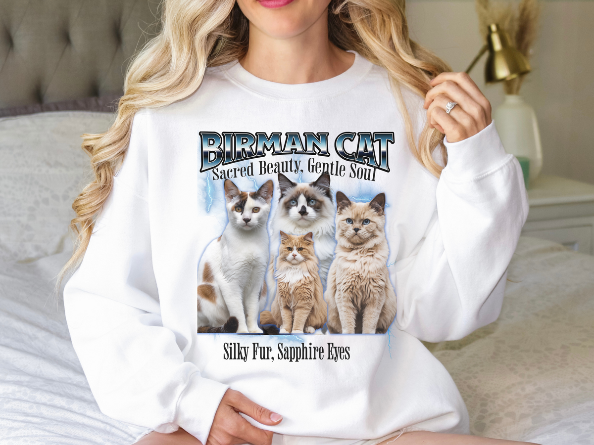Unisex Birman Cat Bootleg Collage Sweatshirt – “Sacred Beauty, Gentle Soul” Vintage-Inspired Cat Lover Pullover