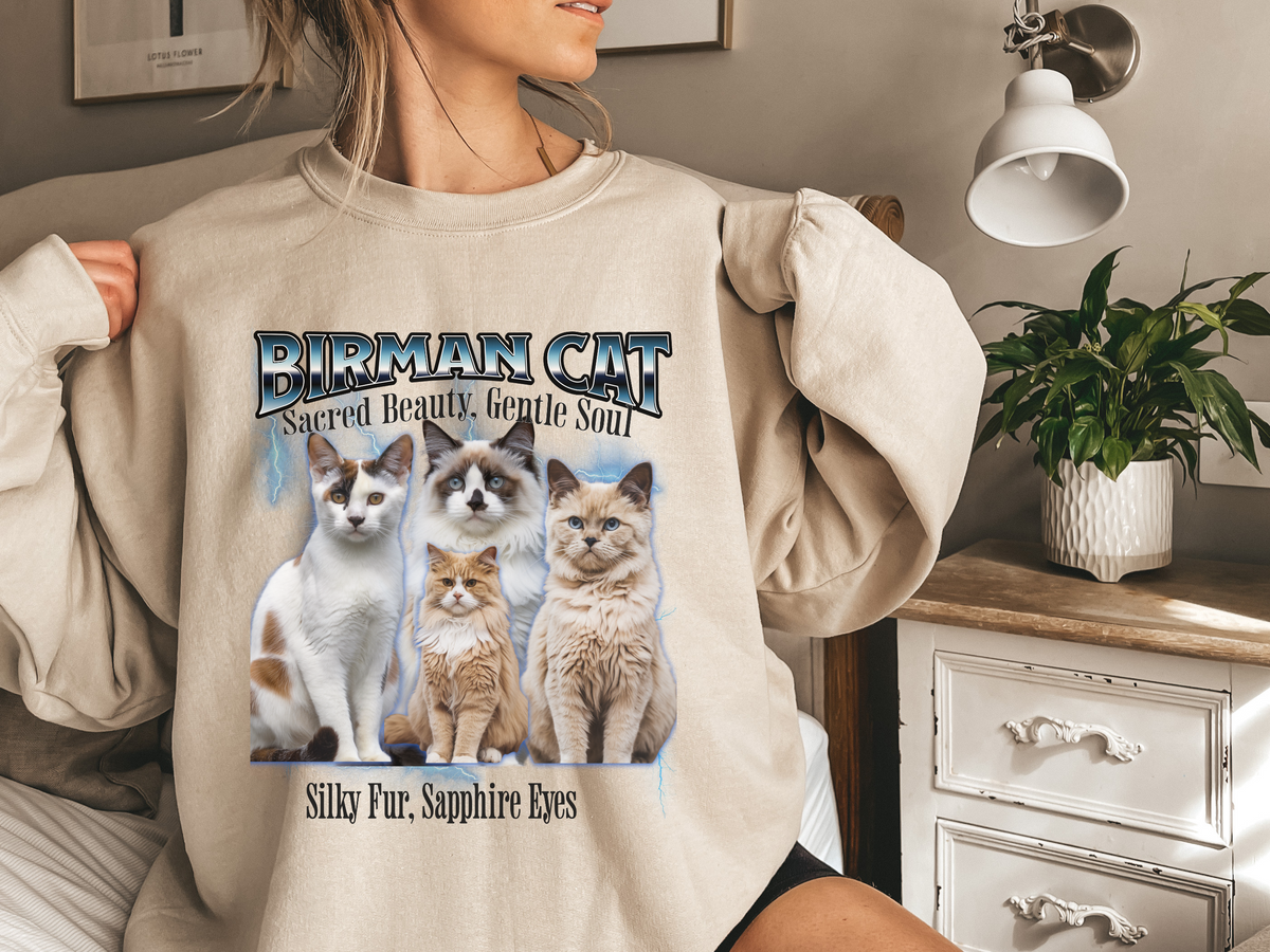 Unisex Birman Cat Bootleg Collage Sweatshirt – “Sacred Beauty, Gentle Soul” Vintage-Inspired Cat Lover Pullover