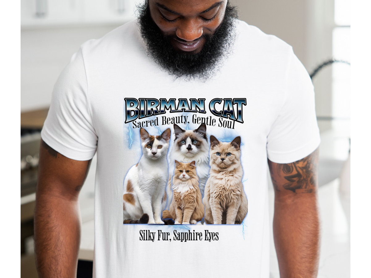 Unisex Birman Cat Bootleg Collage T-Shirt – “Sacred Beauty, Gentle Soul” Vintage Style Feline Graphic Tee