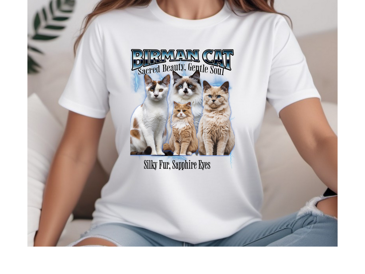 Unisex Birman Cat Bootleg Collage T-Shirt – “Sacred Beauty, Gentle Soul” Vintage Style Feline Graphic Tee
