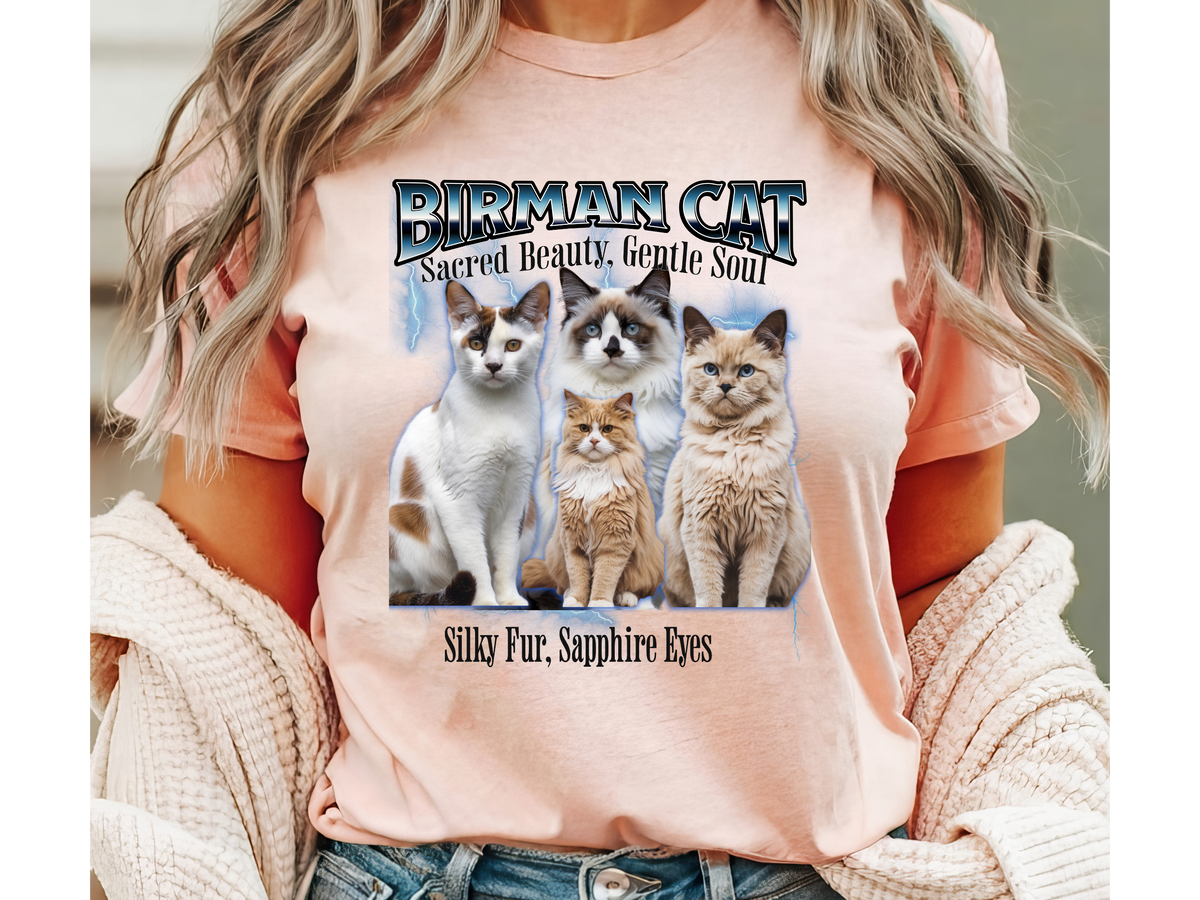 Unisex Birman Cat Bootleg Collage T-Shirt – “Sacred Beauty, Gentle Soul” Vintage Style Feline Graphic Tee
