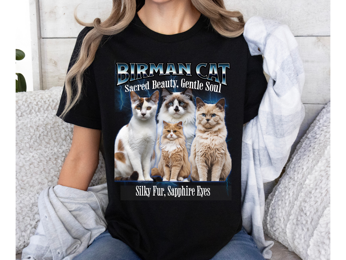 Unisex Birman Cat Bootleg Collage T-Shirt – “Sacred Beauty, Gentle Soul” Vintage Style Feline Graphic Tee