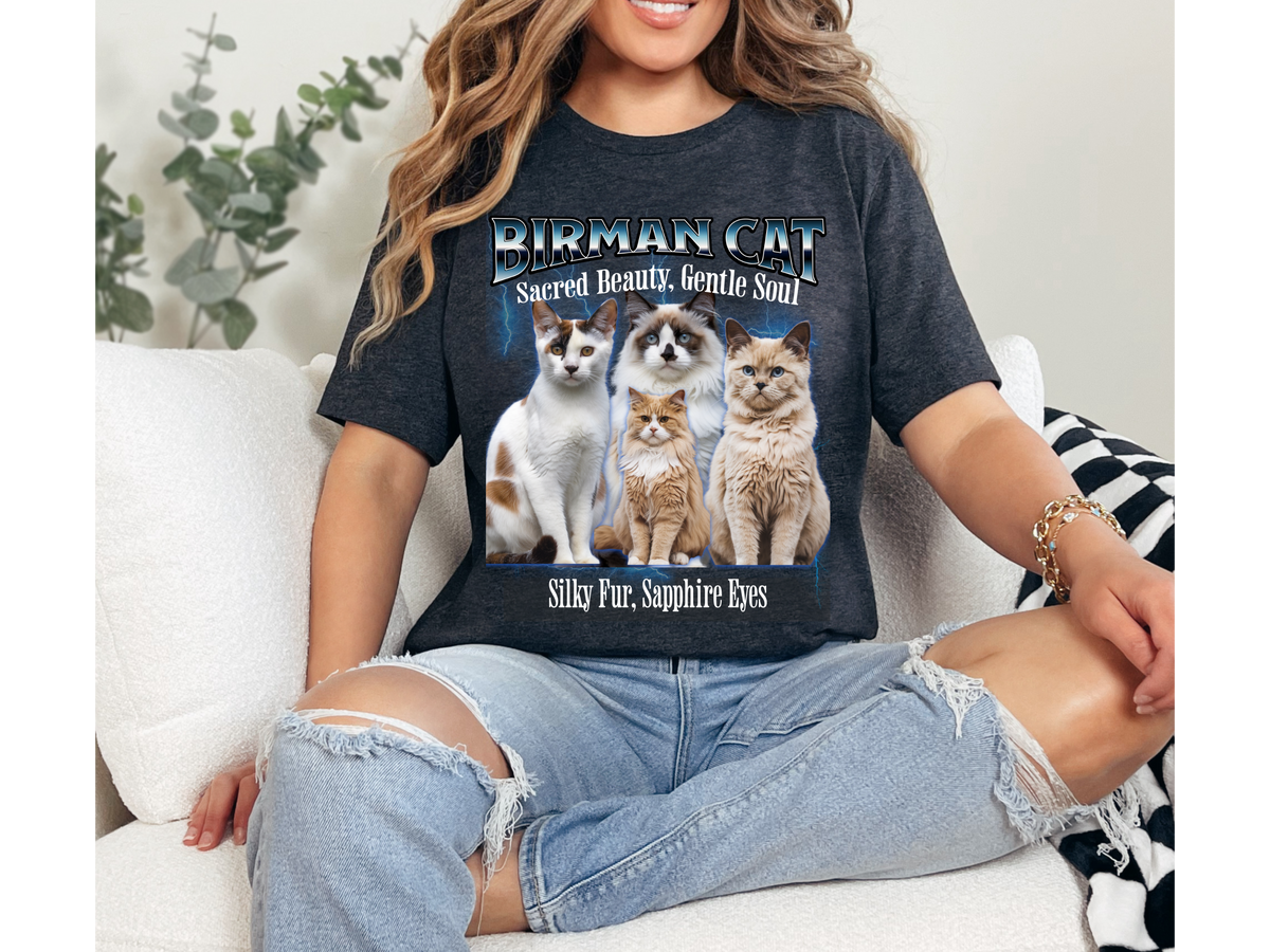 Unisex Birman Cat Bootleg Collage T-Shirt – “Sacred Beauty, Gentle Soul” Vintage Style Feline Graphic Tee