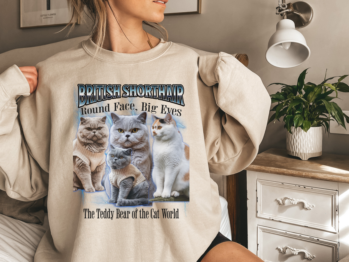 Unisex British Shorthair Cat Bootleg Collage Sweatshirt – “Round Face, Big Eyes” Retro Cat Lover Pullover