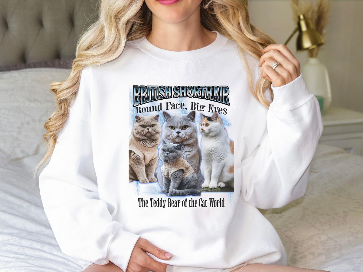 Unisex British Shorthair Cat Bootleg Collage Sweatshirt – “Round Face, Big Eyes” Retro Cat Lover Pullover