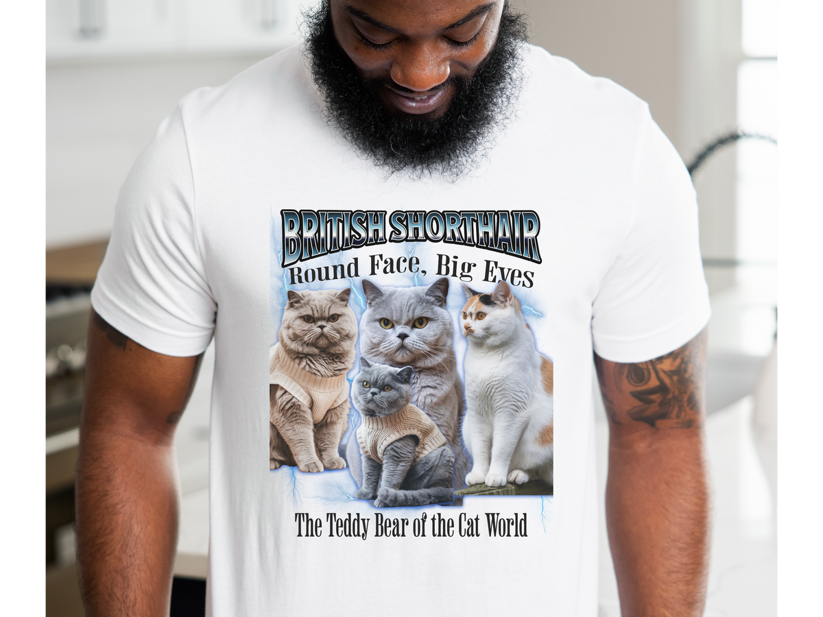 Unisex British Shorthair Cat Bootleg Collage T-Shirt – “Round Face, Big Eyes” Retro Streetwear Graphic Tee