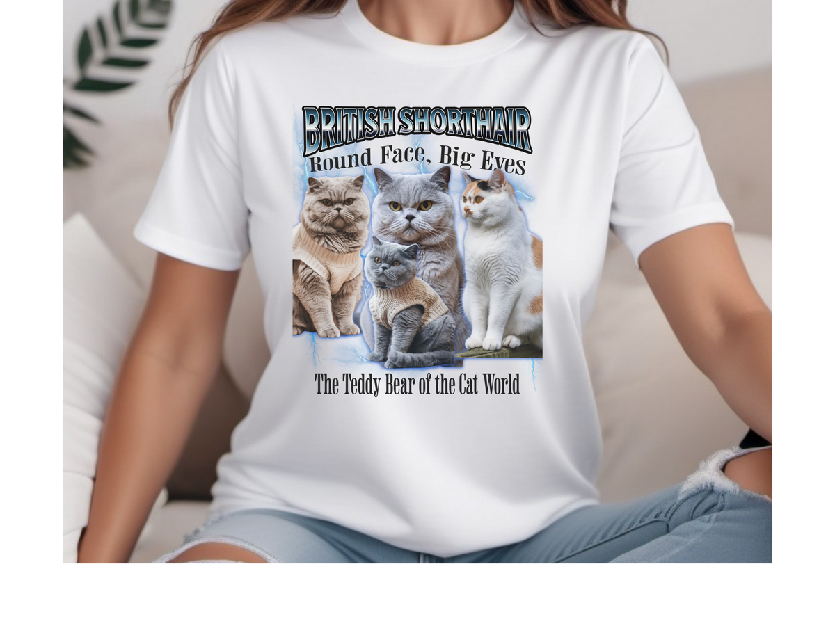 Unisex British Shorthair Cat Bootleg Collage T-Shirt – “Round Face, Big Eyes” Retro Streetwear Graphic Tee