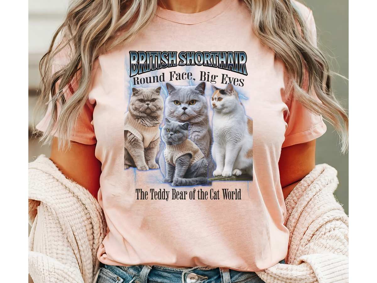 Unisex British Shorthair Cat Bootleg Collage T-Shirt – “Round Face, Big Eyes” Retro Streetwear Graphic Tee