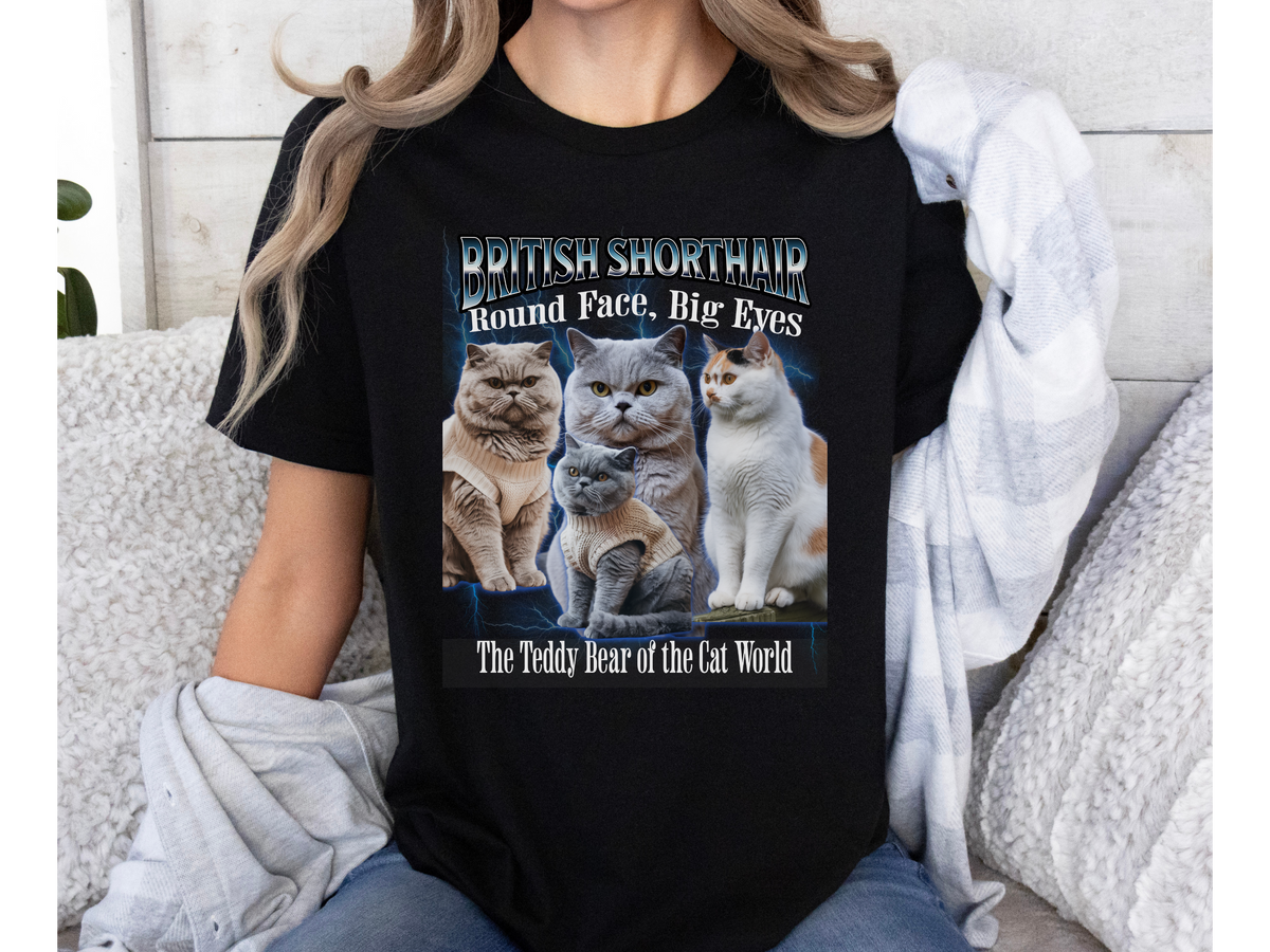 Unisex British Shorthair Cat Bootleg Collage T-Shirt – “Round Face, Big Eyes” Retro Streetwear Graphic Tee