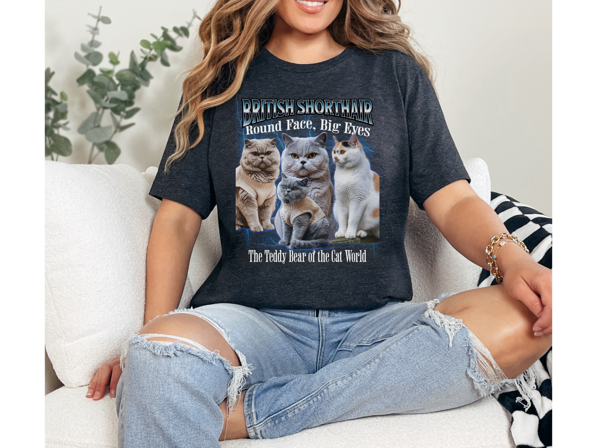Unisex British Shorthair Cat Bootleg Collage T-Shirt – “Round Face, Big Eyes” Retro Streetwear Graphic Tee