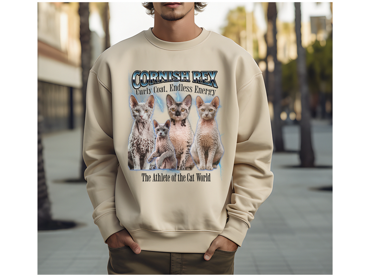 Unisex Cornish Rex Cat Bootleg Collage Sweatshirt – “The Athlete of the Cat World” Retro Active Cat Pullover