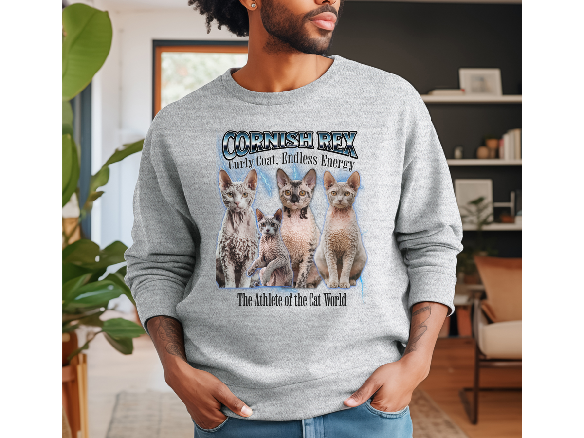 Unisex Cornish Rex Cat Bootleg Collage Sweatshirt – “The Athlete of the Cat World” Retro Active Cat Pullover