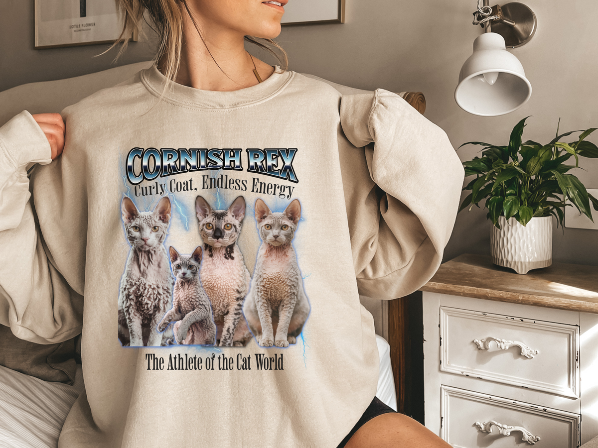 Unisex Cornish Rex Cat Bootleg Collage Sweatshirt – “The Athlete of the Cat World” Retro Active Cat Pullover