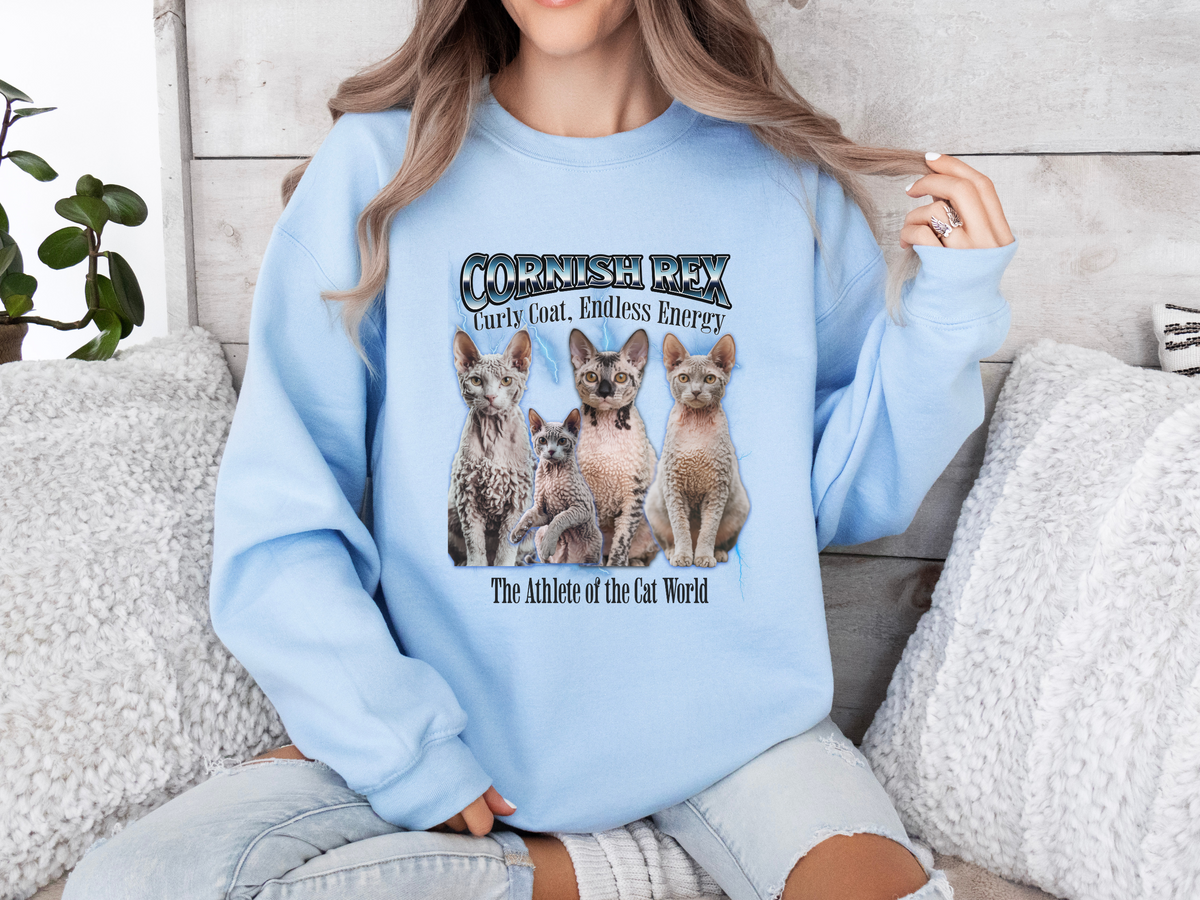 Unisex Cornish Rex Cat Bootleg Collage Sweatshirt – “The Athlete of the Cat World” Retro Active Cat Pullover