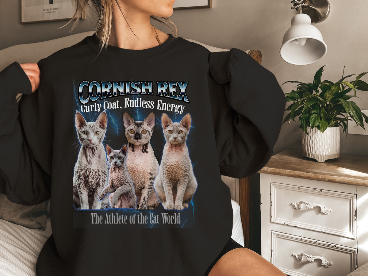Unisex Cornish Rex Cat Bootleg Collage Sweatshirt – “The Athlete of the Cat World” Retro Active Cat Pullover