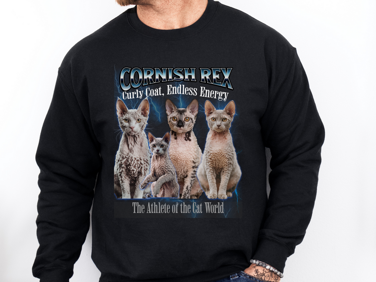Unisex Cornish Rex Cat Bootleg Collage Sweatshirt – “The Athlete of the Cat World” Retro Active Cat Pullover