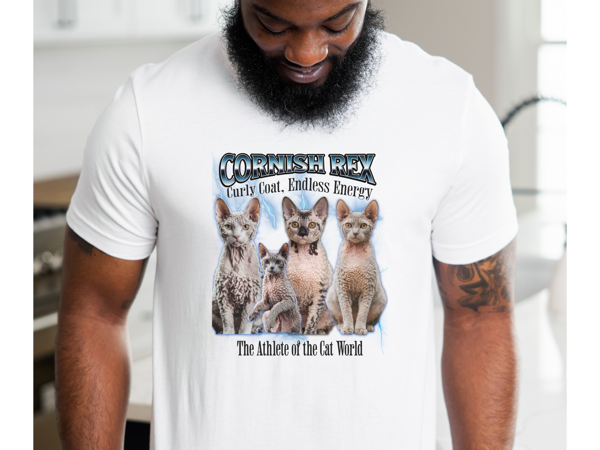 Unisex Cornish Rex Cat Bootleg Collage T-Shirt – “The Athlete of the Cat World” Retro Feline Graphic Tee