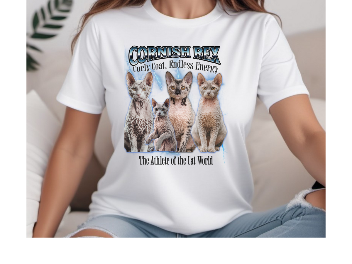 Unisex Cornish Rex Cat Bootleg Collage T-Shirt – “The Athlete of the Cat World” Retro Feline Graphic Tee
