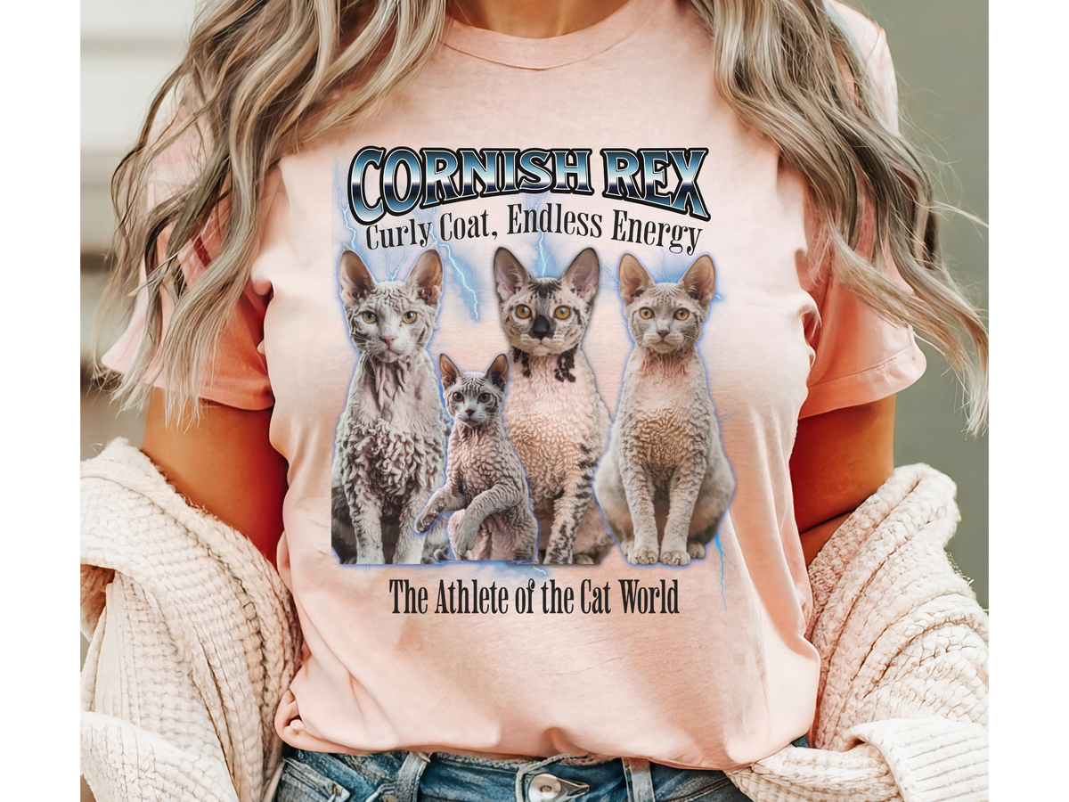 Unisex Cornish Rex Cat Bootleg Collage T-Shirt – “The Athlete of the Cat World” Retro Feline Graphic Tee