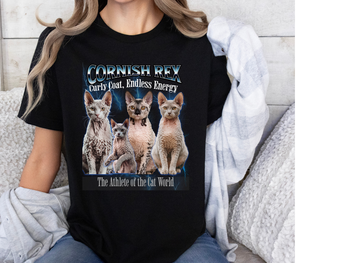 Unisex Cornish Rex Cat Bootleg Collage T-Shirt – “The Athlete of the Cat World” Retro Feline Graphic Tee
